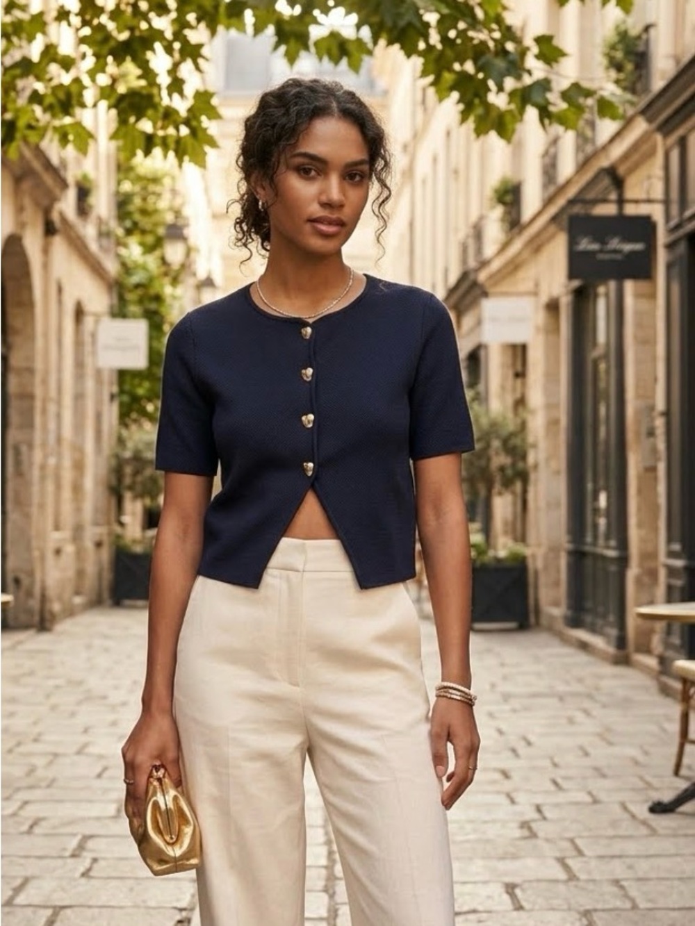 Zara Dark Navy Short-Sleeve Knit Cardigan with Decorative Buttons